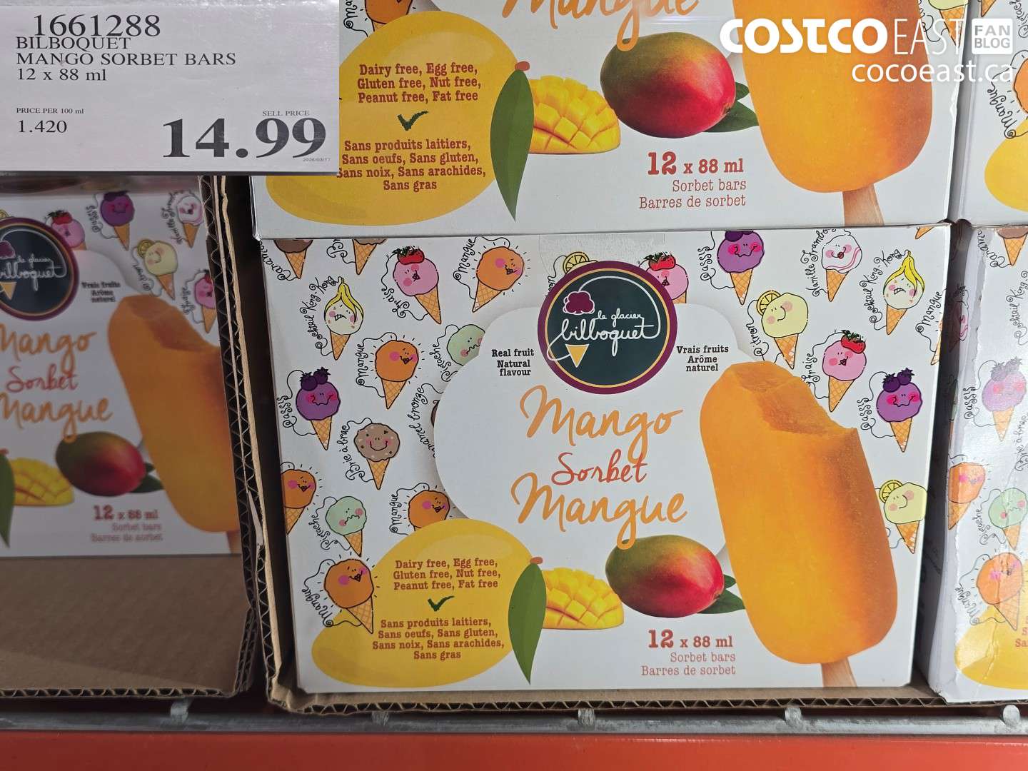 1661288 BILBOQUET MANGO SORBET BARS 12 X 88 ML $14.99