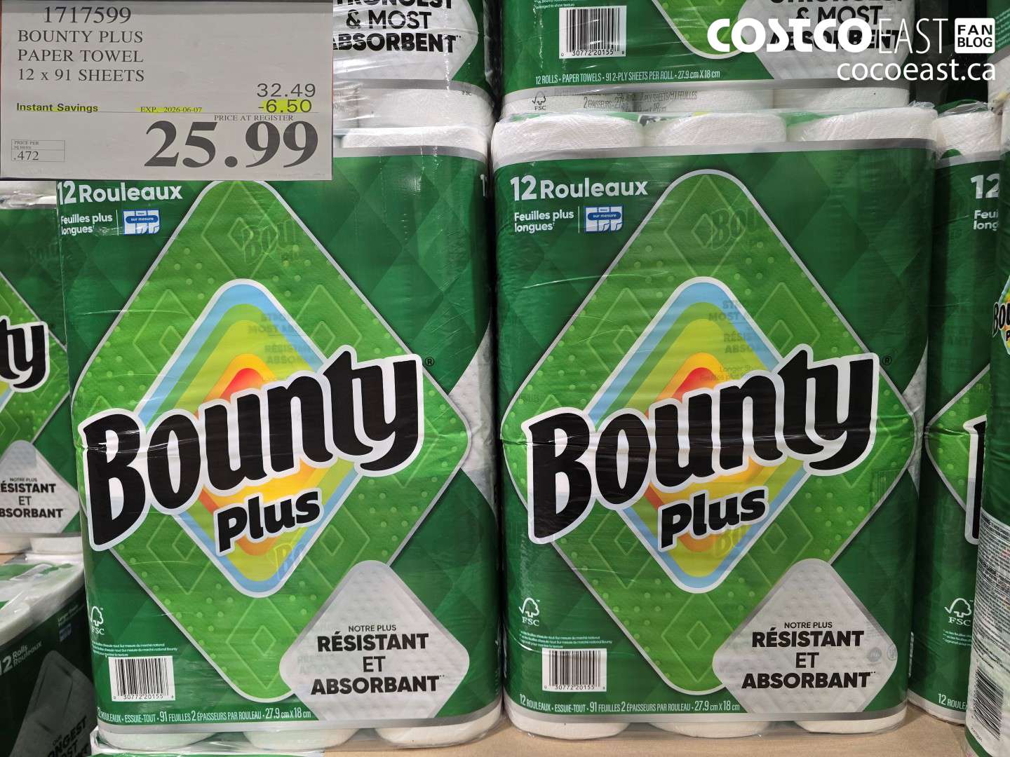 1717599 BOUNTY PLUS PAPER TOWEL 12 X 91 SHEETS ($6.50 INSTANT SAVINGS EXPIRES ON 2026-06-07) $25.99