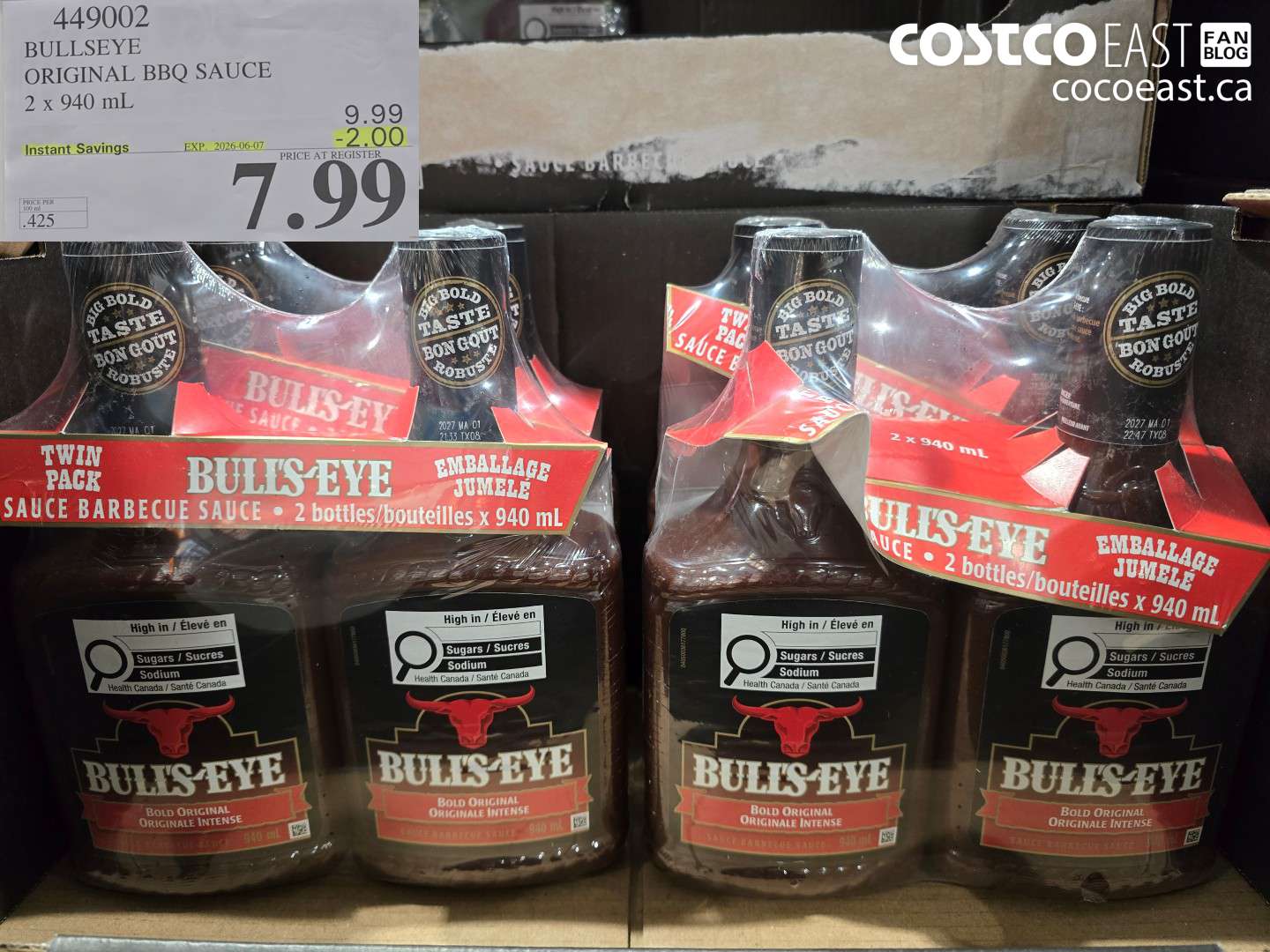 449002 BULLSEYE ORIGINAL BBQ SAUCE 2 X 940 ML ($2.00 INSTANT SAVINGS EXPIRES ON 2026-06-07) $7.99
