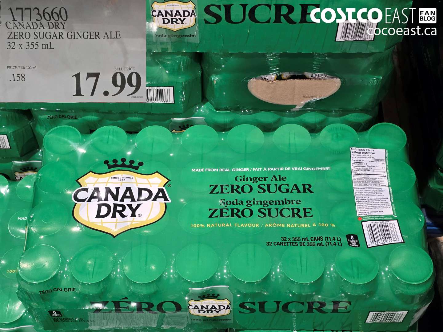 1773660 CANADA DRY ZERO SUGAR GINGER ALE 32 X 355 ML $17.99