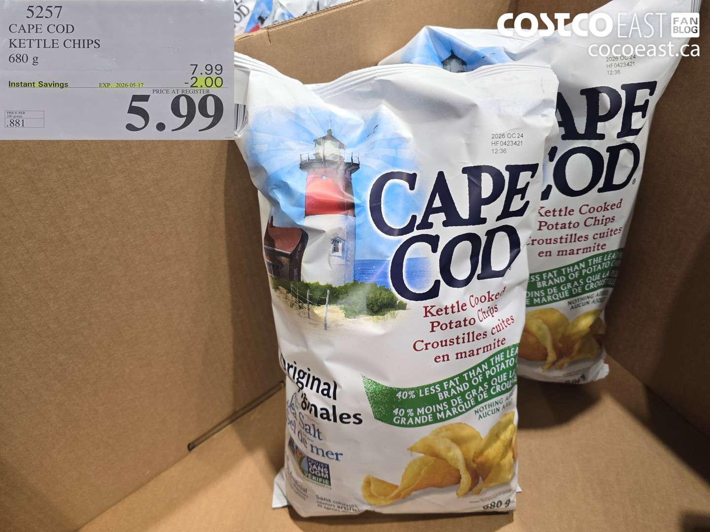 5257 CAPE COD KETTLE CHIPS 680 G ($2.00 INSTANT SAVINGS EXPIRES ON 2026-05-17) $5.99
