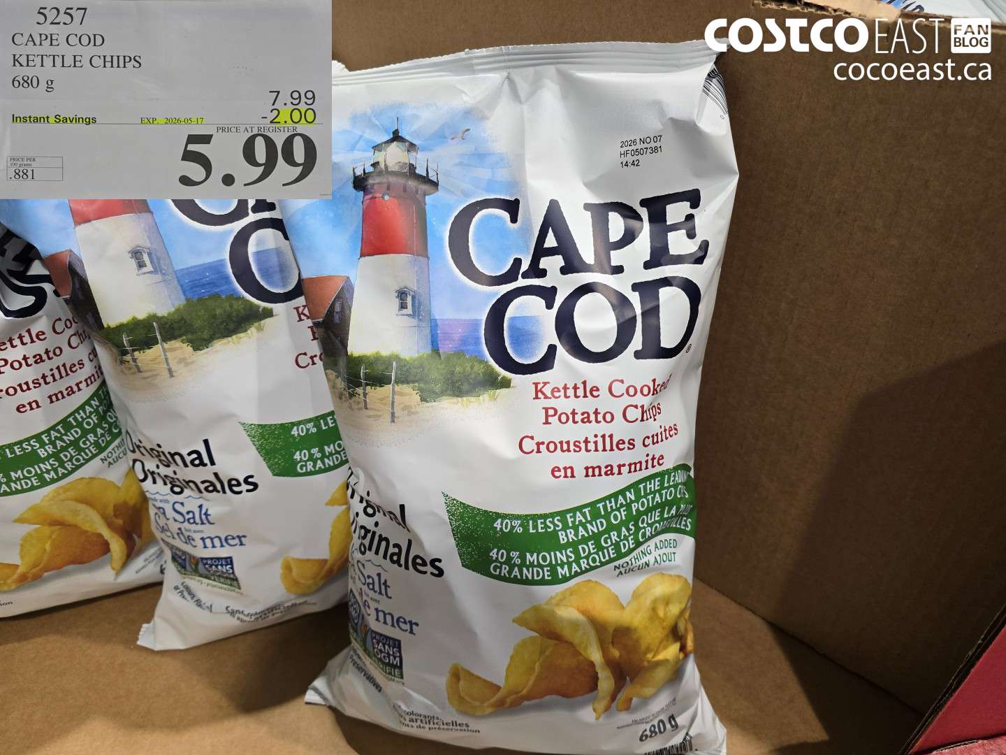5257 CAPE COD KETTLE CHIPS 680 G ($2.00 INSTANT SAVINGS EXPIRES ON 2026-05-17) $5.99