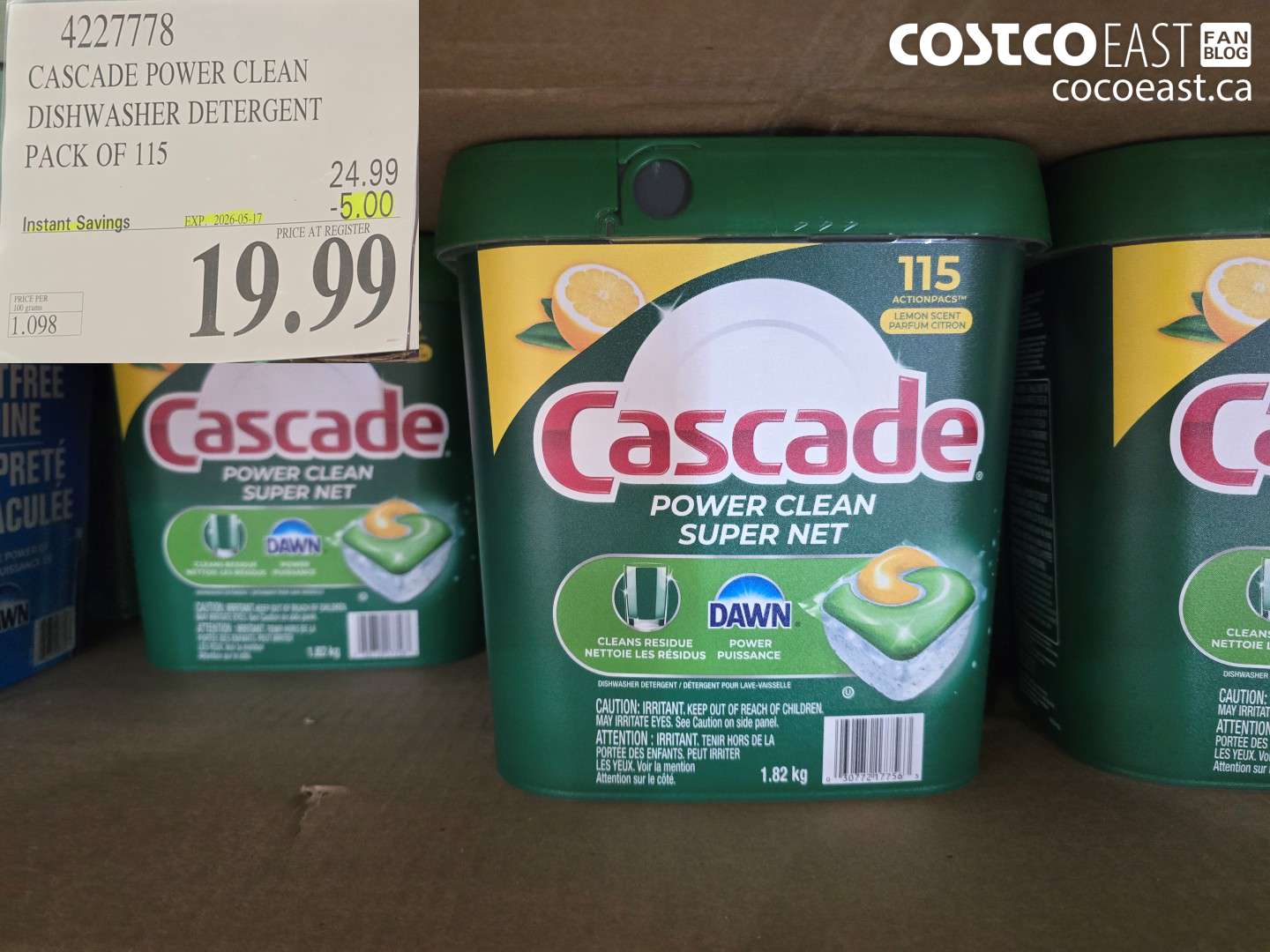 4227778 CASCADE POWER CLEAN DISHWASHER DETERGENT PACK OF 115 ($5.00 INSTANT SAVINGS EXPIRES ON 2026-05-17) $19.99