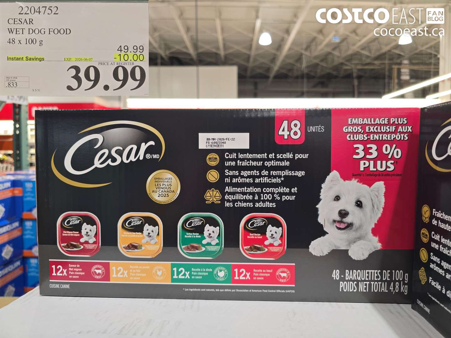 2204752 CESAR WET DOG FOOD 48 X 100 G ($10.00 INSTANT SAVINGS EXPIRES ON 2026-06-07) $39.99