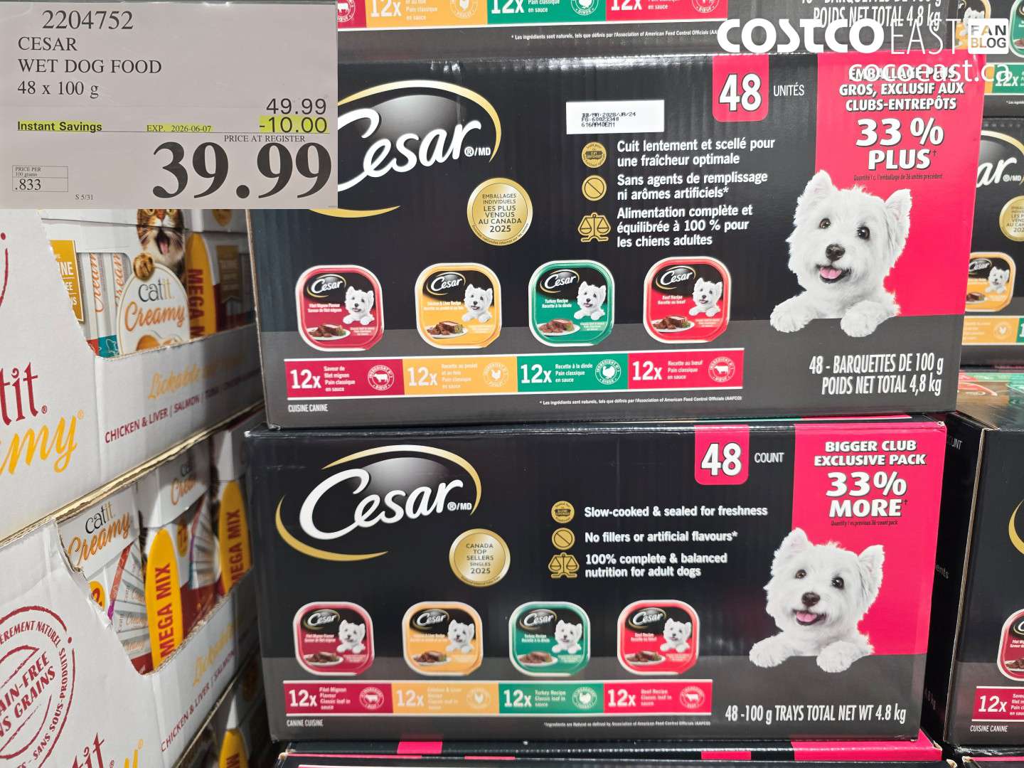 2204752 CESAR WET DOG FOOD 48 X 100 G ($10.00 INSTANT SAVINGS EXPIRES ON 2026-06-07) $39.99