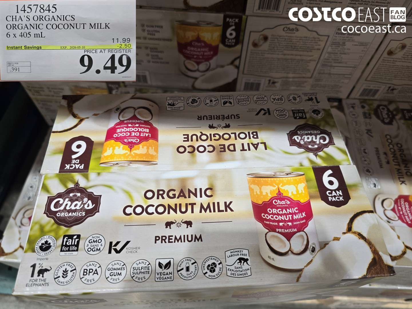 1457845 CHA'S ORGANICS ORGANIC COCONUT MILK 6 X 405 ML ($2.50 INSTANT SAVINGS EXPIRES ON 2026-05-10) $9.49