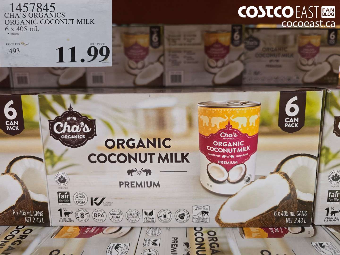 1457845 CHA'S ORGANICS ORGANIC COCONUT MILK 6 X 405 ML $11.99