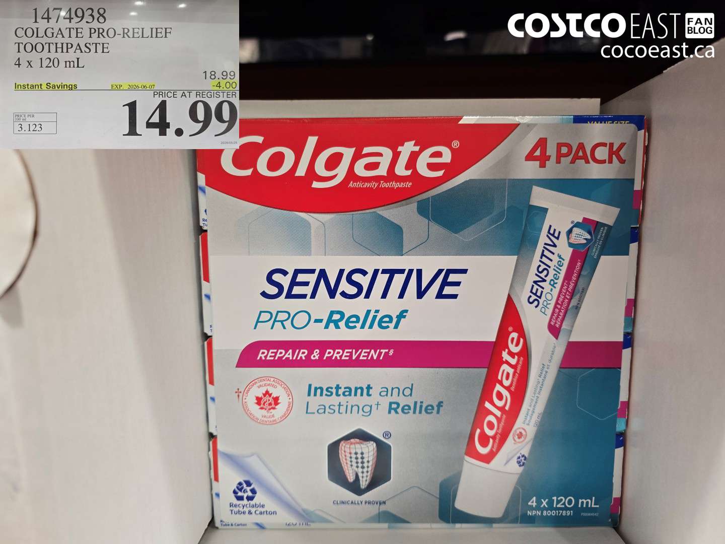1474938 COLGATE PRO-RELIEF TOOTHPASTE 4 X 120 ML ($4.00 INSTANT SAVINGS EXPIRES ON 2026-06-07) $14.99