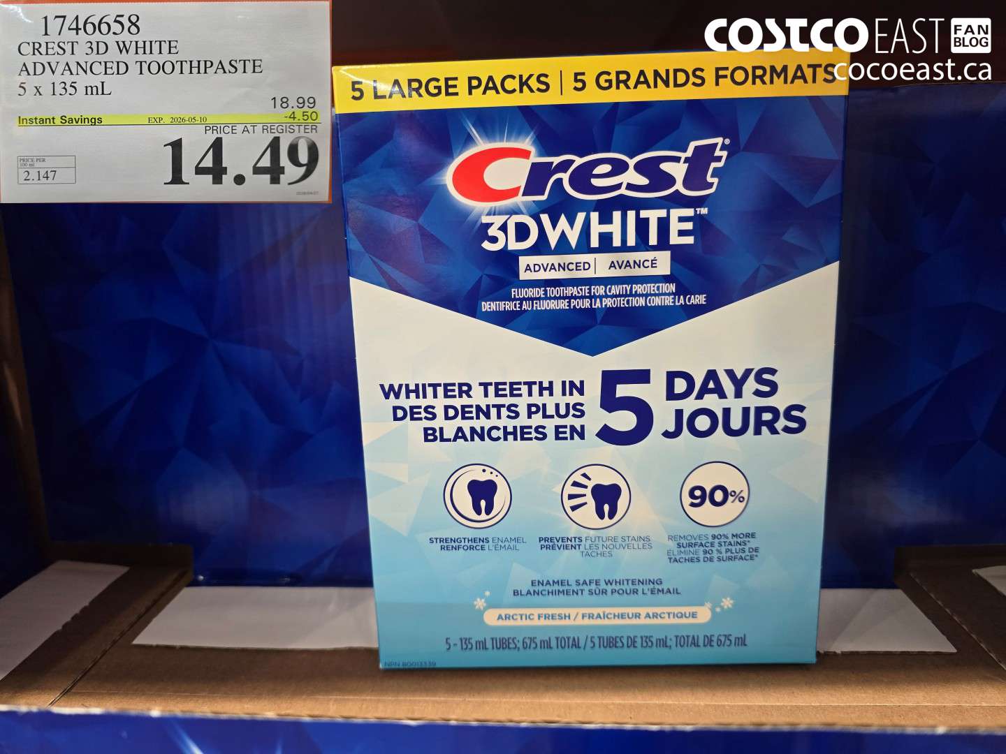 1746658 CREST 3D WHITE ADVANCED TOOTHPASTE 5 X 135 ML ($4.50 INSTANT SAVINGS EXPIRES ON 2026-05-10) $14.49