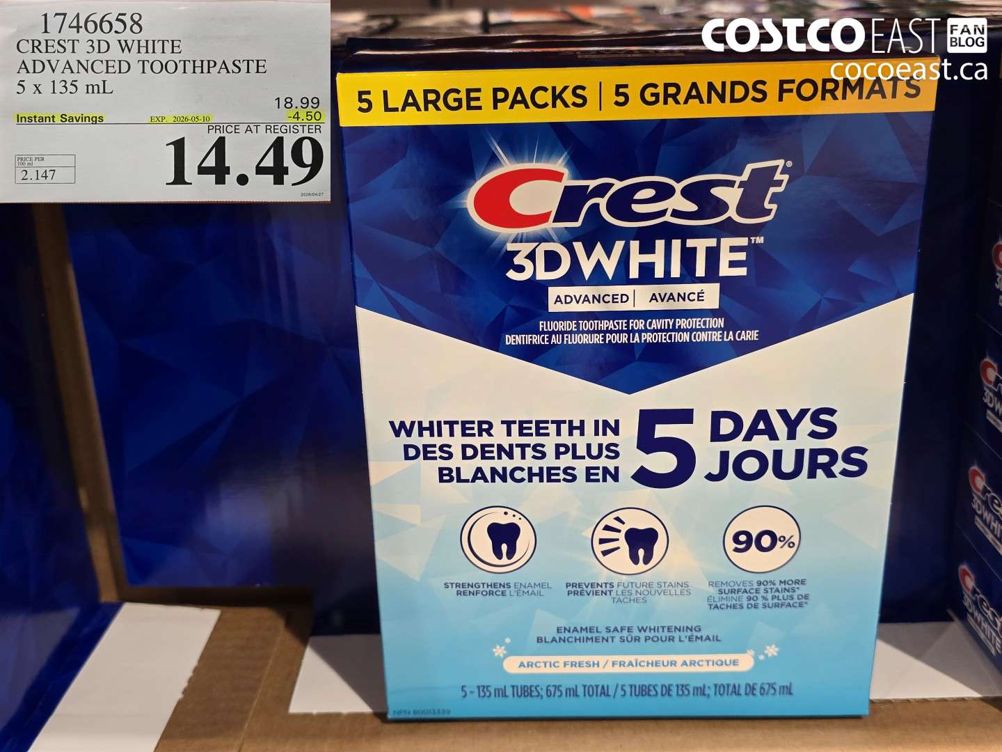 1746658 CREST 3D WHITE ADVANCED TOOTHPASTE 5 X 135 ML ($4.50 INSTANT SAVINGS EXPIRES ON 2026-05-10) $14.49