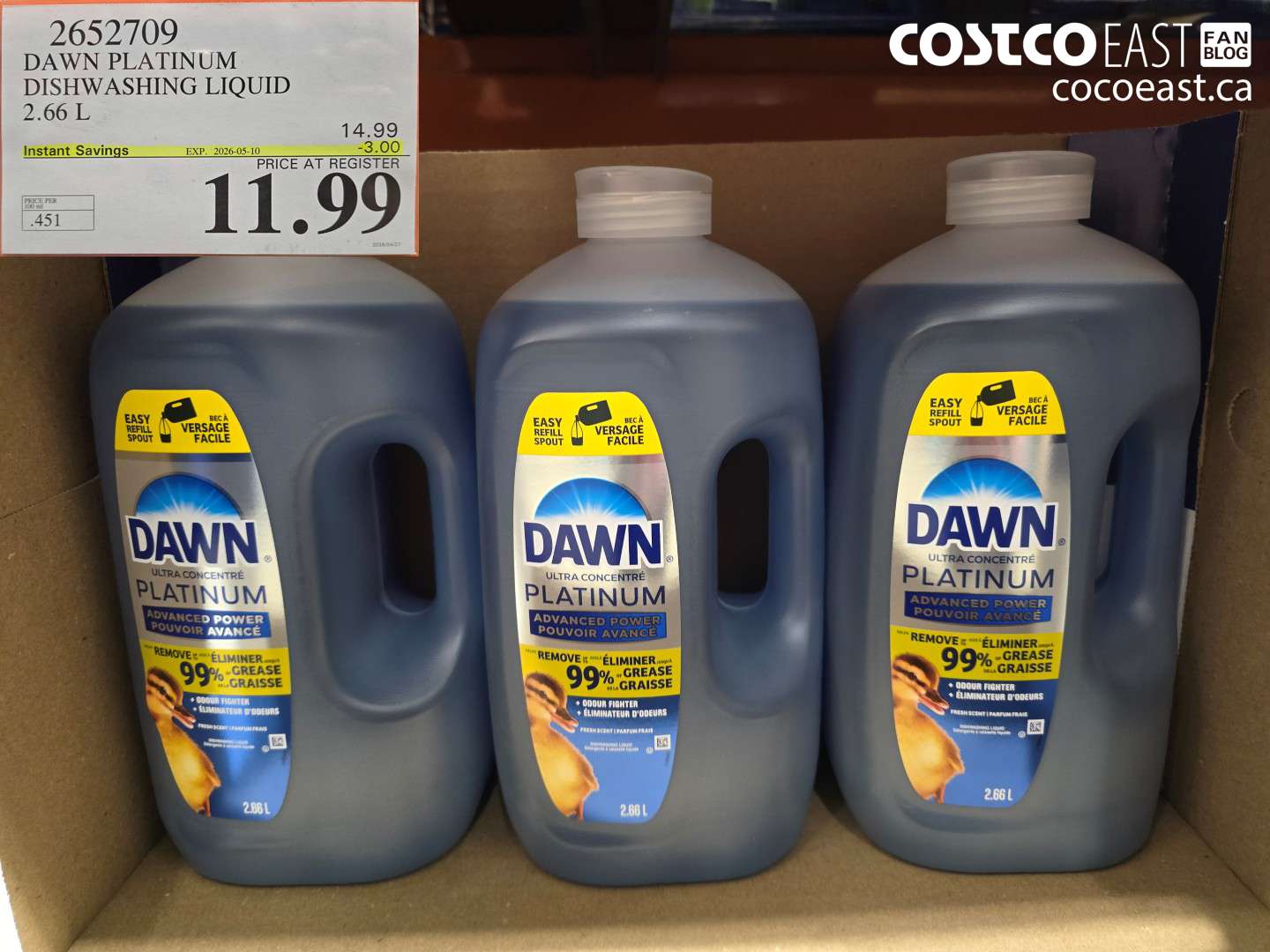2652709 DAWN PLATINUM DISHWASHING LIQUID 2.66 L ($3.00 INSTANT SAVINGS EXPIRES ON 2026-05-10) $11.99