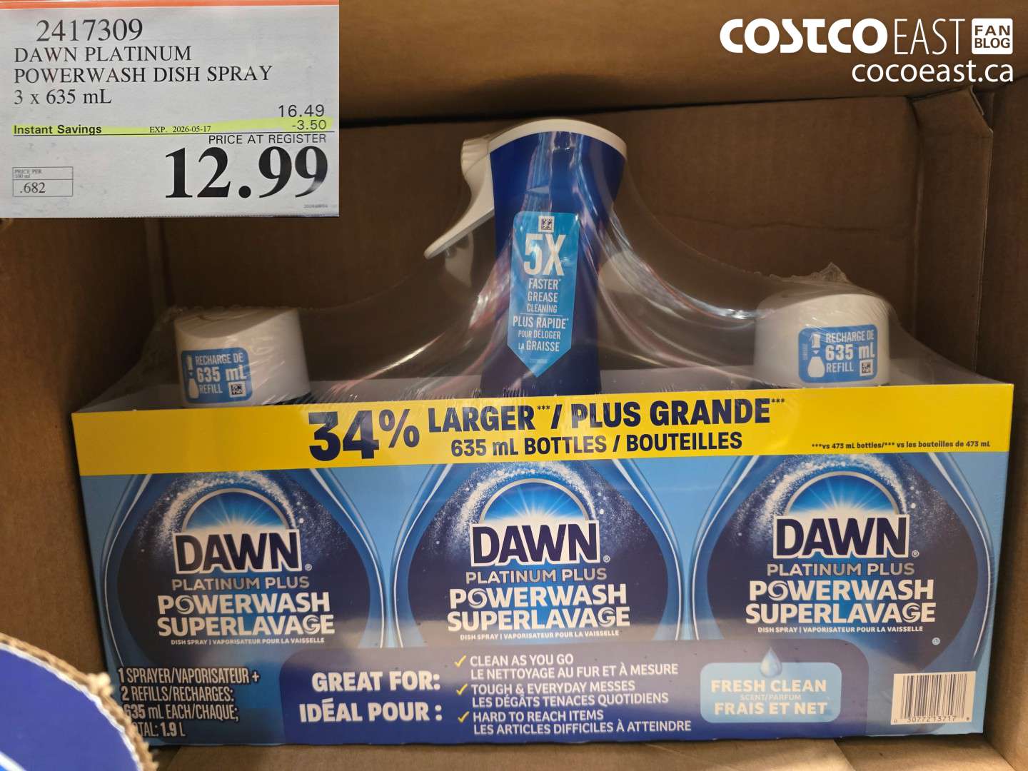 2417309 DAWN PLATINUM POWERWASH DISH SPRAY 3 X 635 ML ($3.50 INSTANT SAVINGS EXPIRES ON 2026-05-17) $12.99