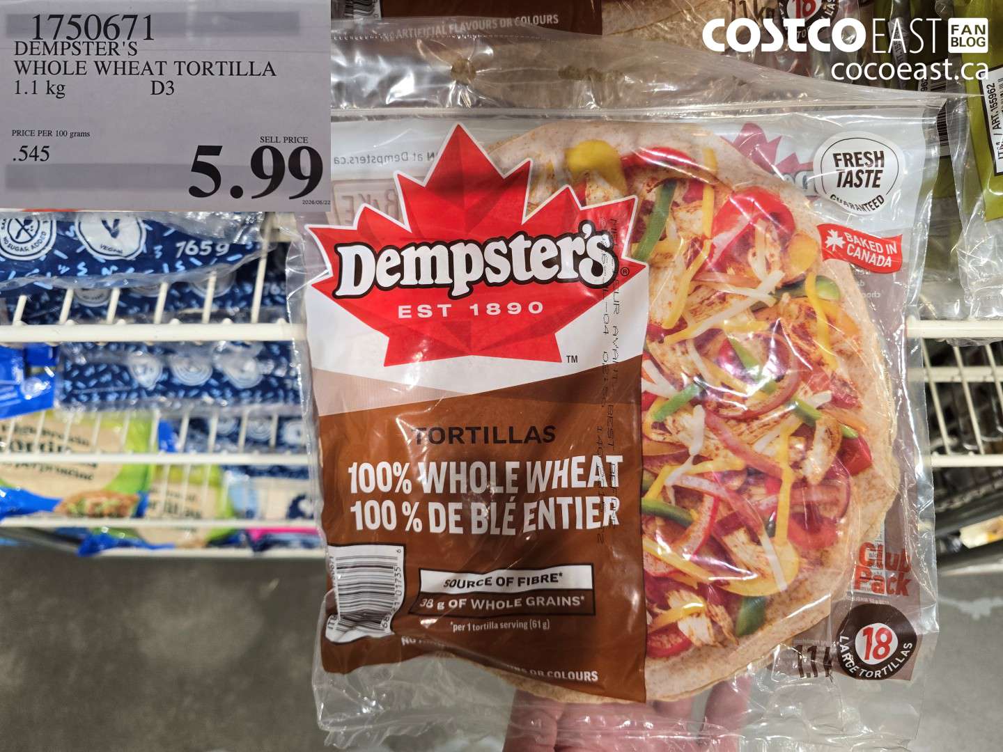 1750671 DEMPSTER'S WHOLE WHEAT TORTILLA 1.1 KG $5.99