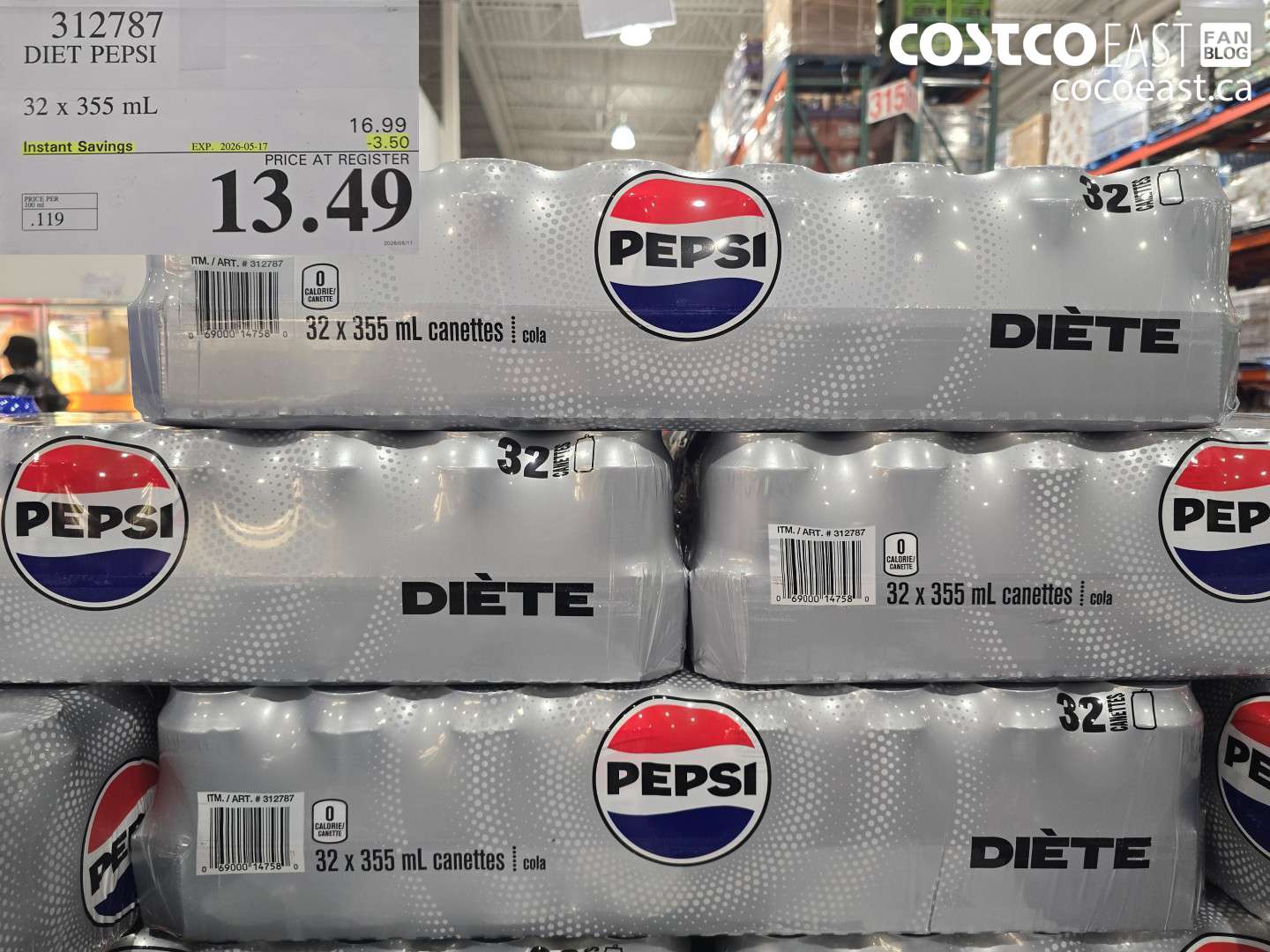 312787 DIET PEPSI 32 X 355 ML ($3.50 INSTANT SAVINGS EXPIRES ON 2026-05-17) $13.49