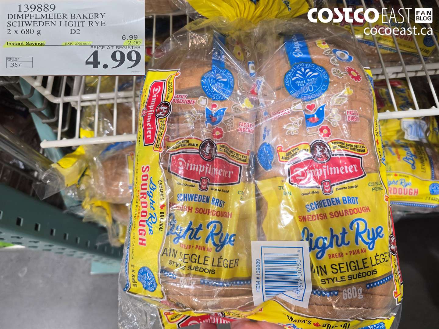 139889 DIMPFLMEIER BAKERY SCHWEDEN LIGHT RYE 2 X 680 G ($2.00 INSTANT SAVINGS EXPIRES ON 2026-05-17) $4.99