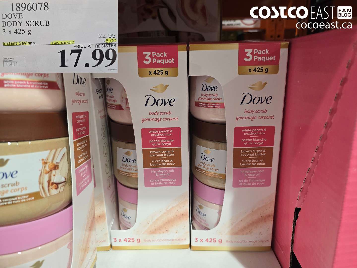 1896078 DOVE BODY SCRUB 3 X 425 G ($5.00 INSTANT SAVINGS EXPIRES ON 2026-05-17) $17.99