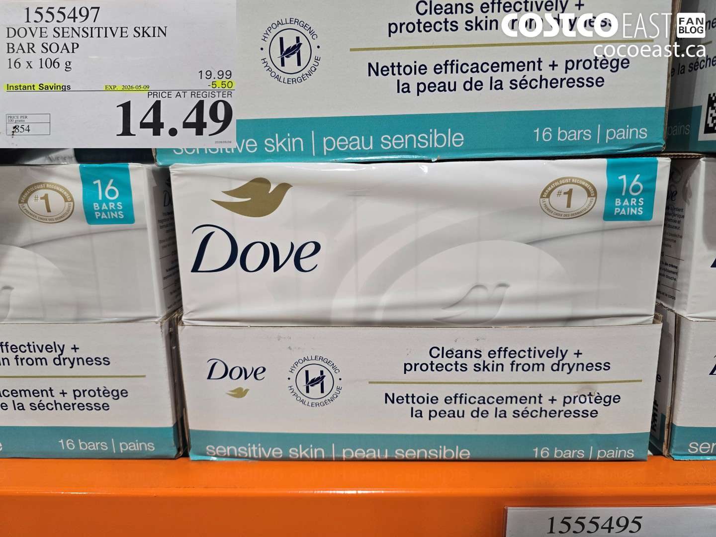 1555497 DOVE SENSITIVE SKIN BAR SOAP 16 X 106 G ($5.50 INSTANT SAVINGS EXPIRES ON 2026-05-09) $14.49