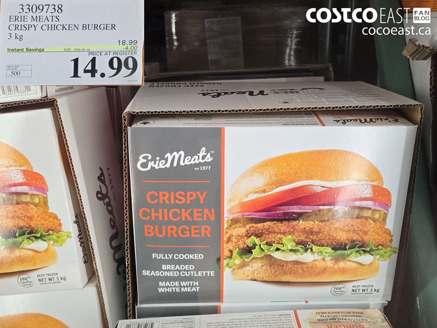 3309738 ERIE MEATS CRISPY CHICKEN BURGER 3 KG ($4.00 INSTANT SAVINGS EXPIRES ON 2026-05-10) $14.99