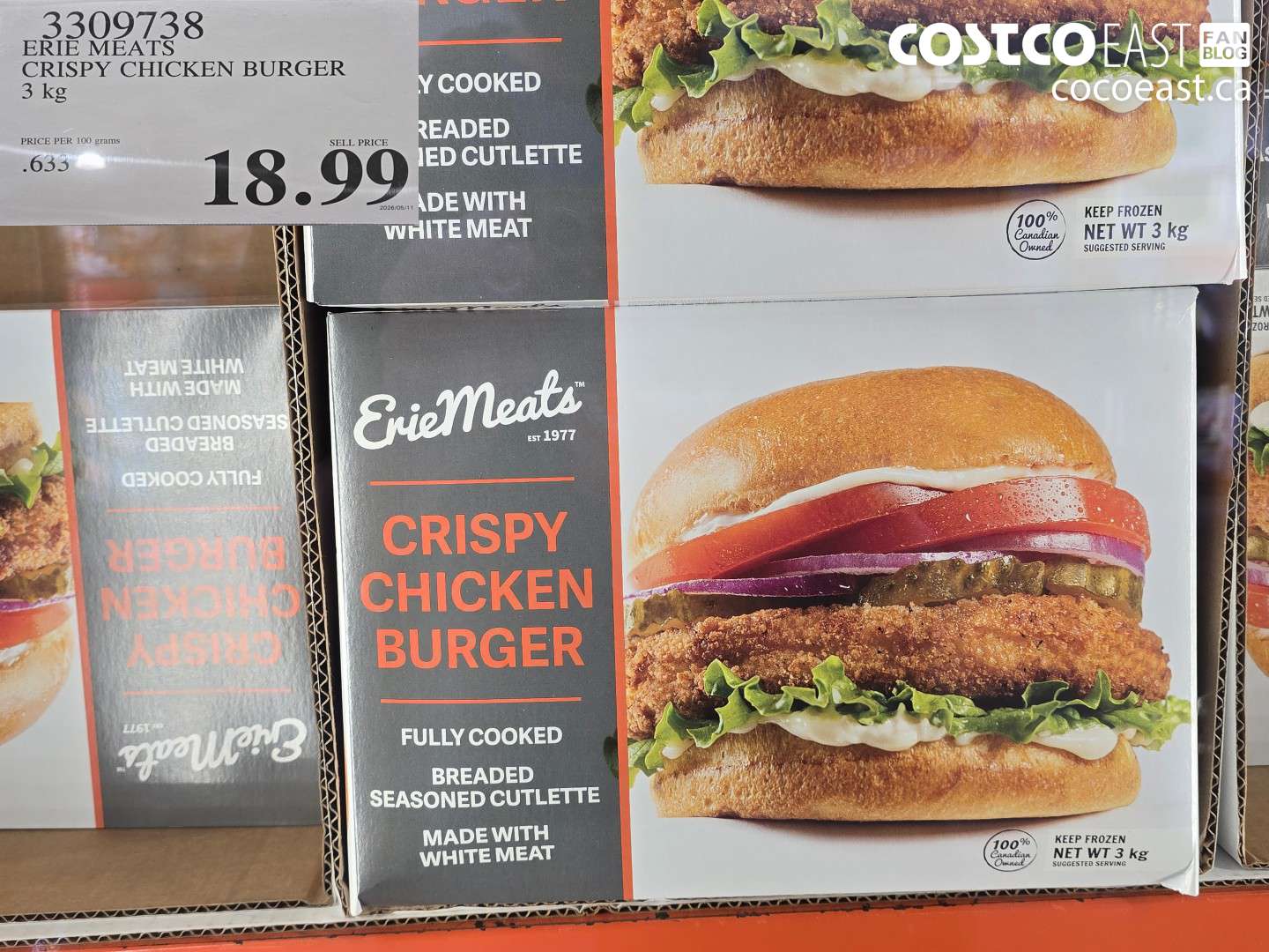 3309738 ERIE MEATS CRISPY CHICKEN BURGER 3 KG $18.99
