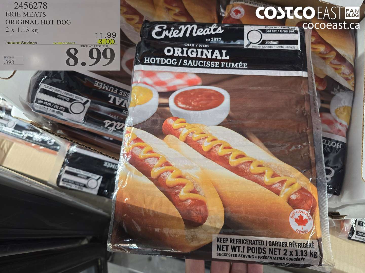 2456278 ERIE MEATS ORIGINAL HOT DOG 2 X 1.13 KG ($3.00 INSTANT SAVINGS EXPIRES ON 2026-05-17) $8.99