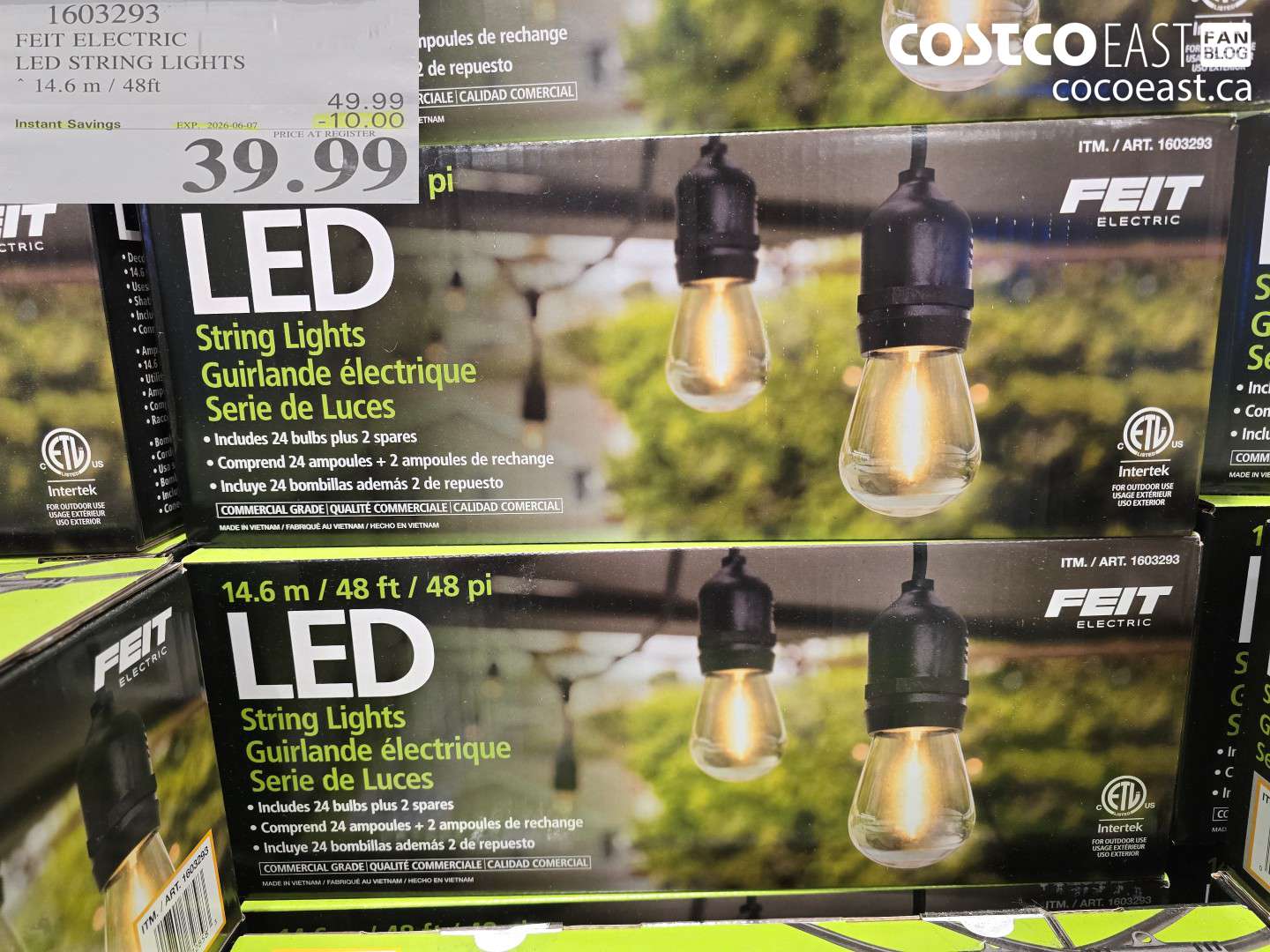 1603293 FEIT ELECTRIC LED STRING LIGHTS 14.6 M / 48FT ($10.00 INSTANT SAVINGS EXPIRES ON 2026-06-07) $39.99