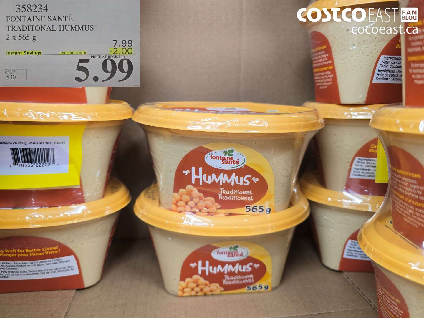 358234 FONTAINE SANTÉ TRADITIONAL HUMMUS 2 X 565 G ($2.00 INSTANT SAVINGS EXPIRES ON 2026-05-10) $5.99