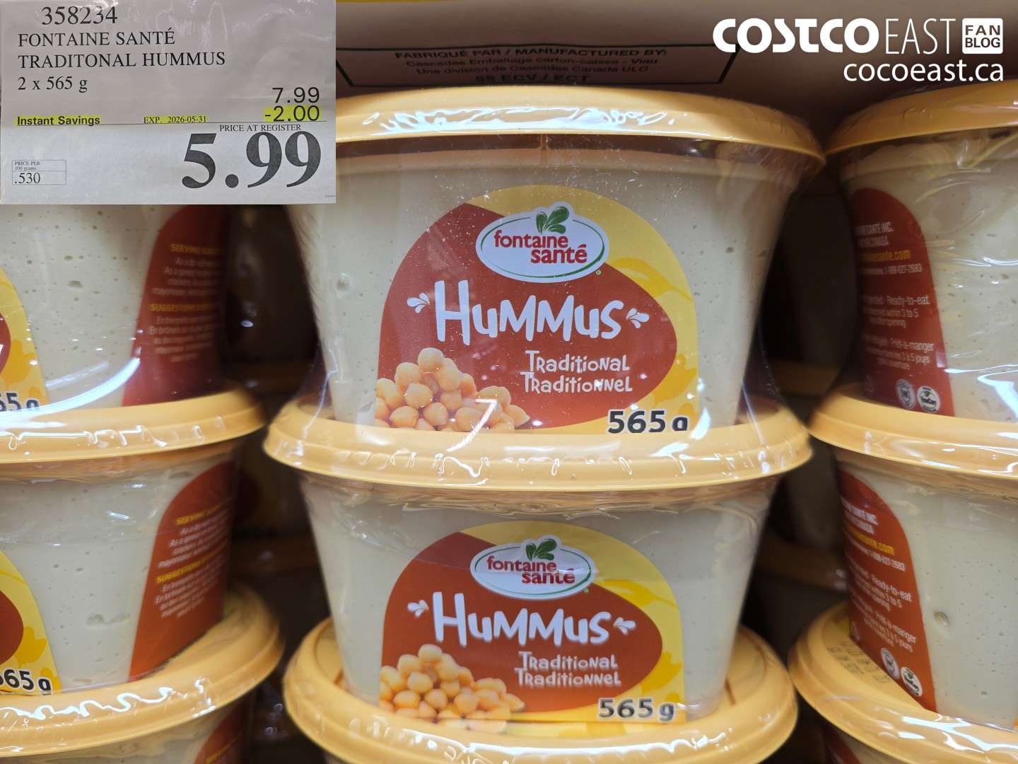 358234 FONTAINE SANTÉ TRADITIONAL HUMMUS 2 X 565 G ($2.00 INSTANT SAVINGS EXPIRES ON 2026-05-31) $5.99