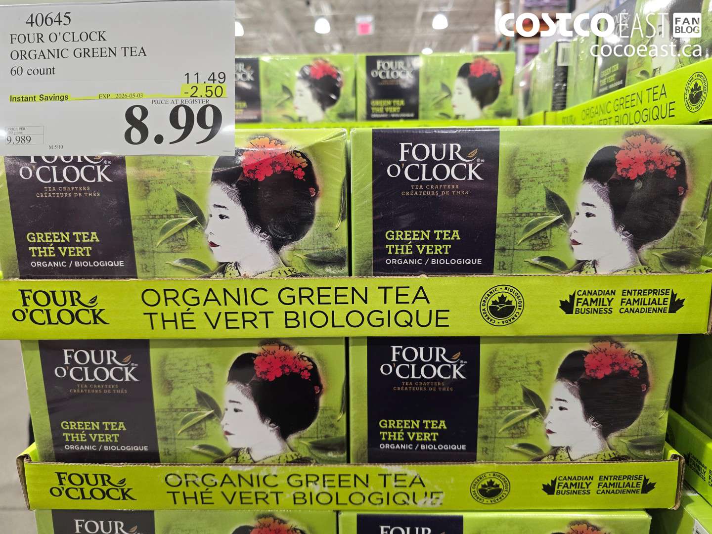 40645 FOUR O'CLOCK ORGANIC GREEN TEA 60 COUNT ($2.50 INSTANT SAVINGS EXPIRES ON 2026-05-03) $8.99