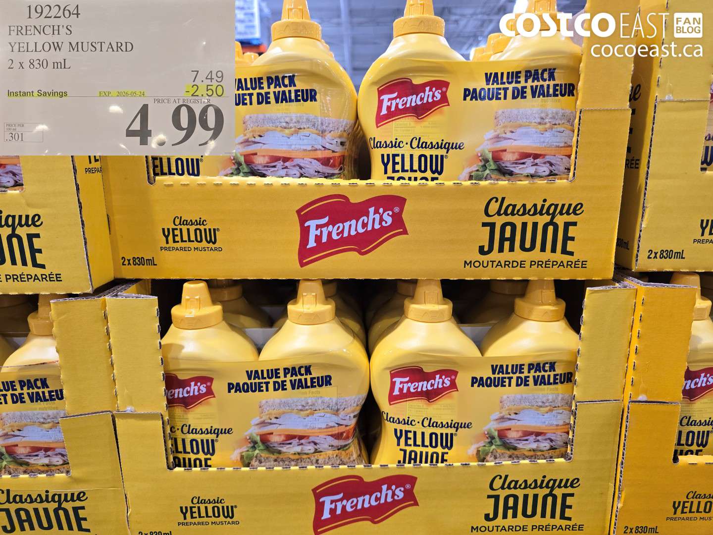 192264 FRENCH'S YELLOW MUSTARD 2 X 830 ML ($2.50 INSTANT SAVINGS EXPIRES ON 2026-05-24) $4.99