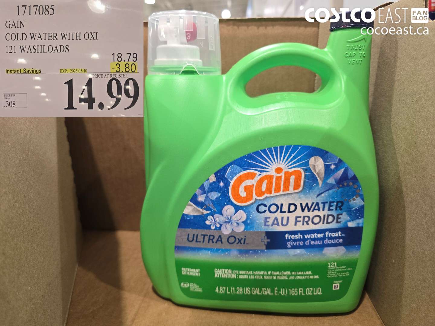 1717085 GAIN COLD WATER WITH OXI 121 WASHLOADS ($3.80 INSTANT SAVINGS EXPIRES ON 2026-05-10) $14.99
