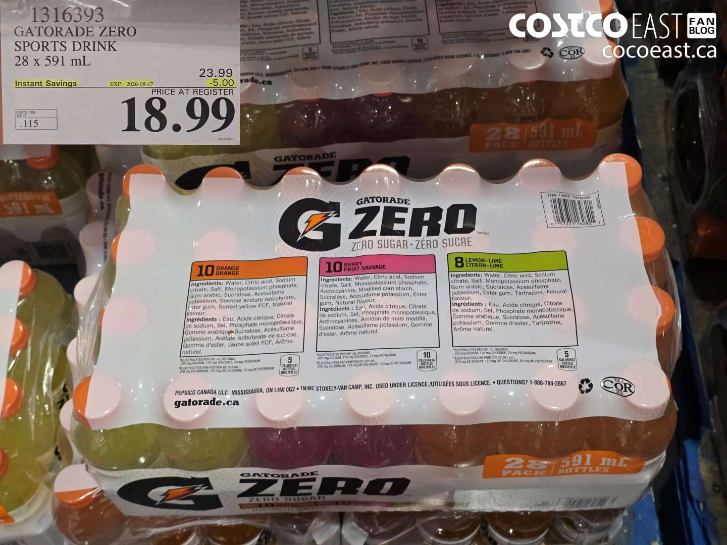 1316393 GATORADE ZERO SPORTS DRINK 28 X 591 ML ($5.00 INSTANT SAVINGS EXPIRES ON 2026-05-17) $18.99