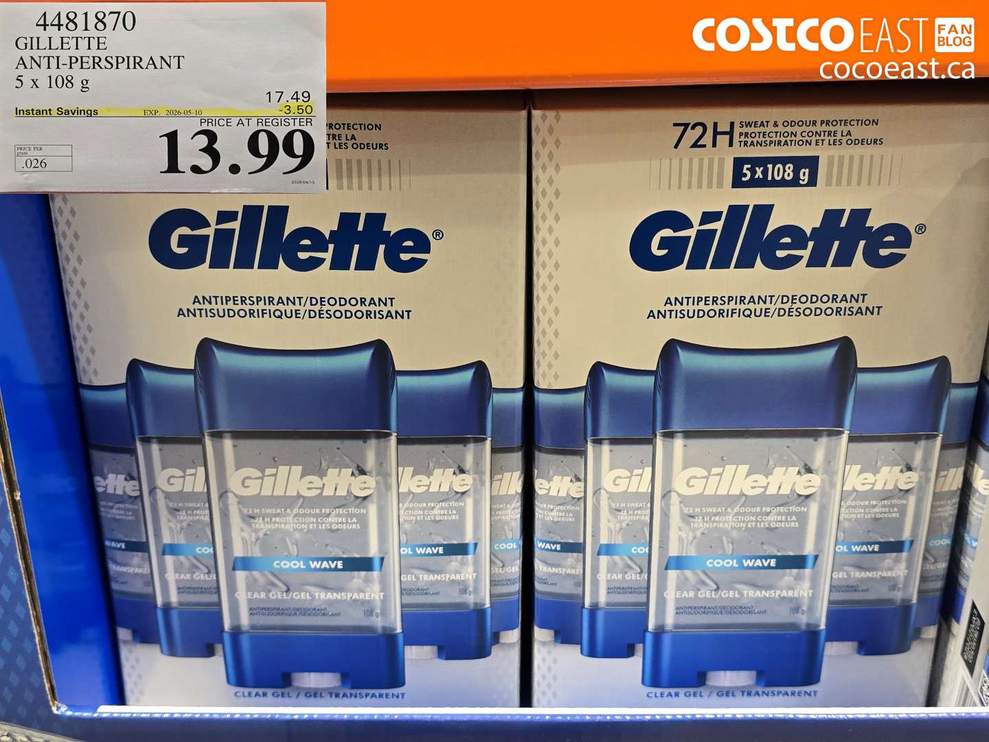 4481870 GILLETTE ANTI-PERSPIRANT 5 X 108 G ($3.50 INSTANT SAVINGS EXPIRES ON 2026-05-10) $13.99