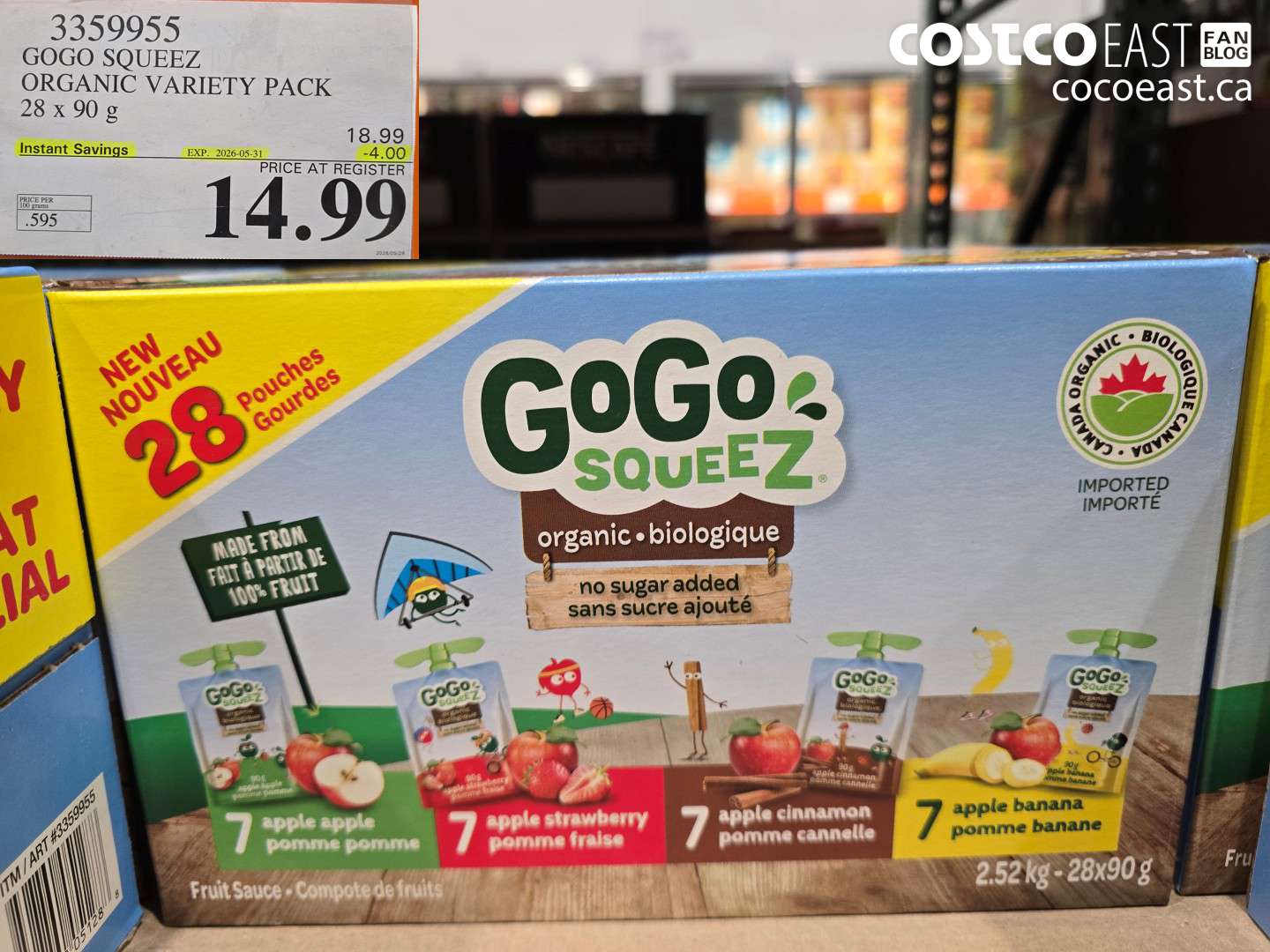 3359955 GOGO SQUEEZ ORGANIC VARIETY PACK 28 X 90 G ($4.00 INSTANT SAVINGS EXPIRES ON 2026-05-31) $14.99