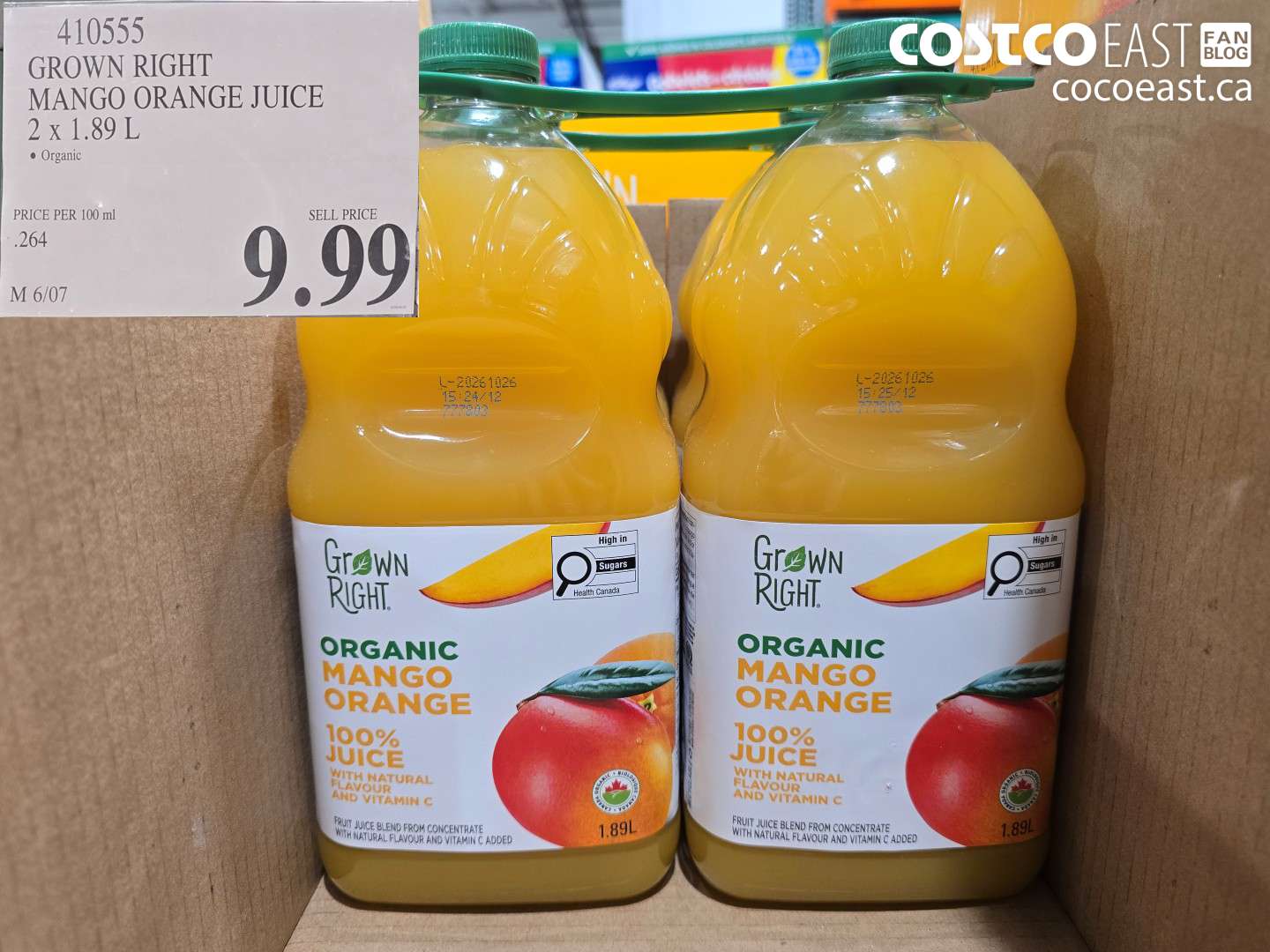 410555 GROWN RIGHT MANGO ORANGE JUICE 2 X 1.89 L $9.99