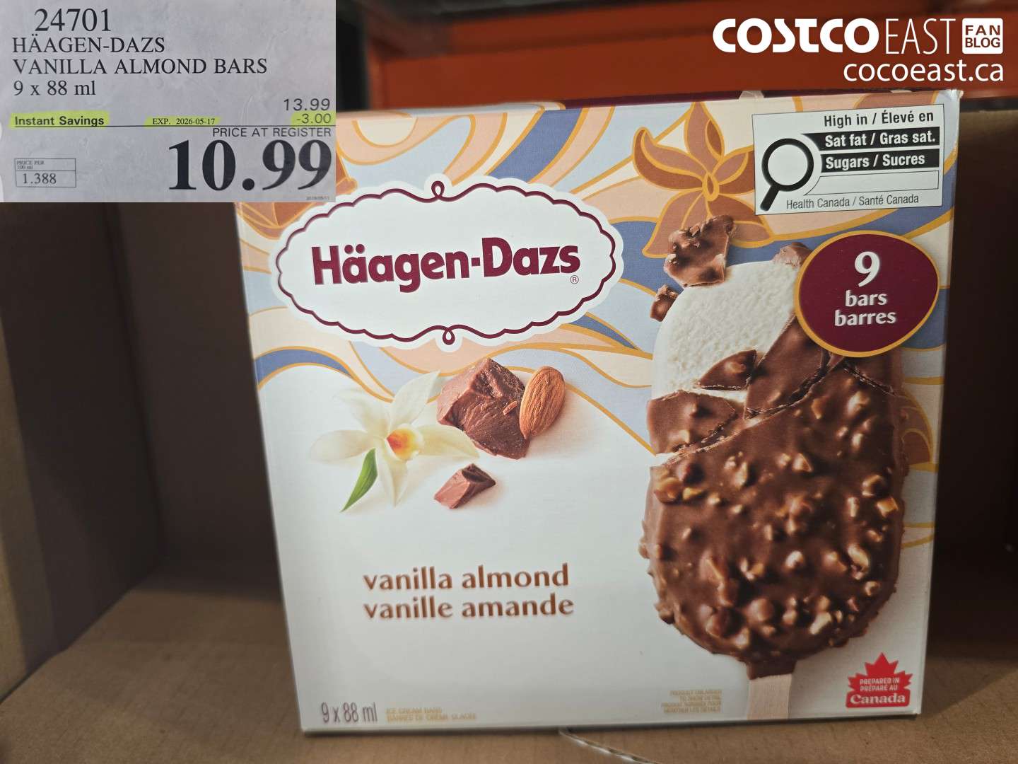 24701 HÄAGEN-DAZS VANILLA ALMOND BARS 9 X 88 ML ($3.00 INSTANT SAVINGS EXPIRES ON 2026-05-17) $10.99