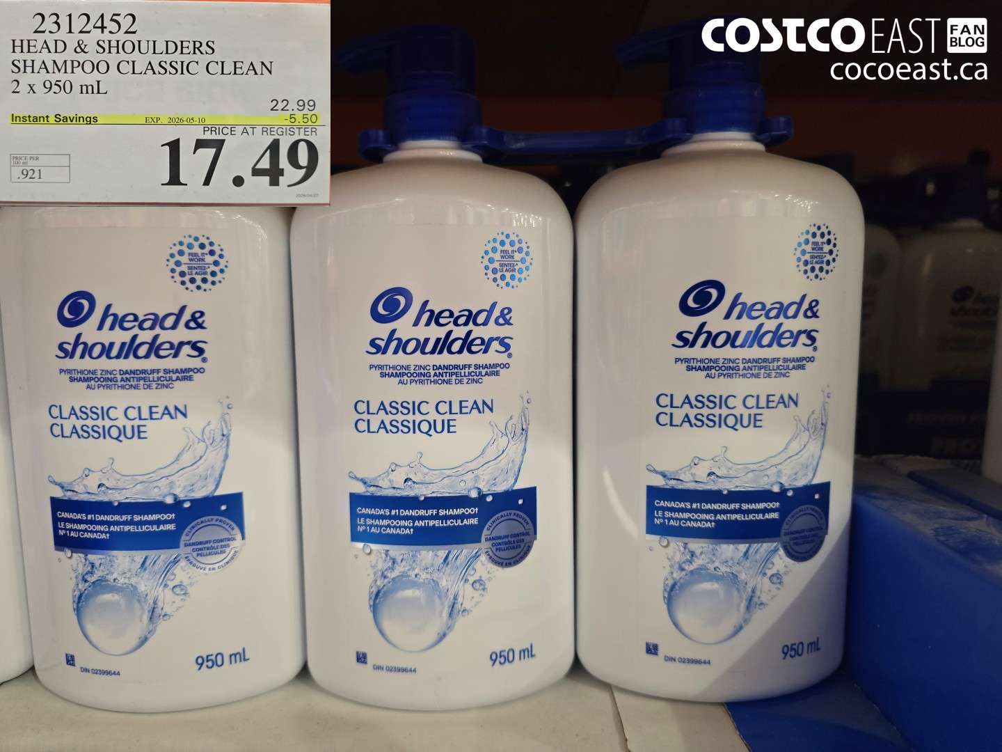 2312452 HEAD & SHOULDERS SHAMPOO CLASSIC CLEAN 2 X 950 ML ($5.50 INSTANT SAVINGS EXPIRES ON 2026-05-10) $17.49