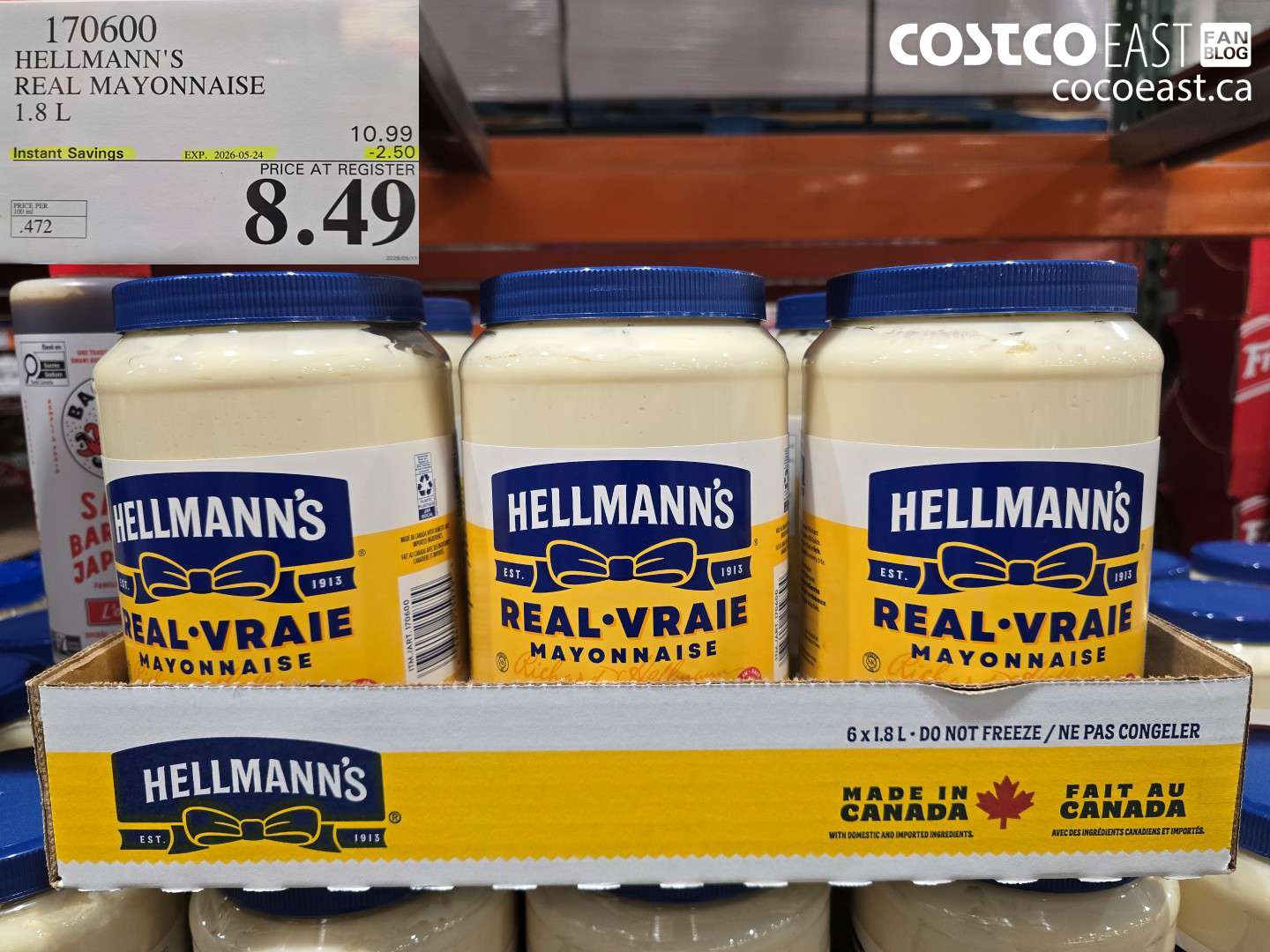 170600 HELLMANN'S REAL MAYONNAISE 1.8 L ($2.50 INSTANT SAVINGS EXPIRES ON 2026-05-24) $8.49