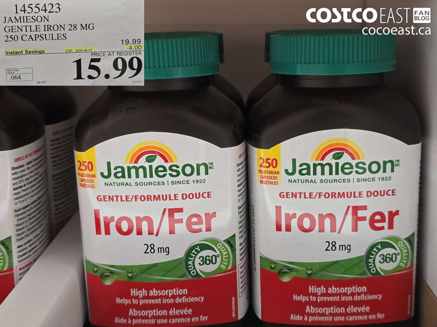 1455423 JAMIESON GENTLE IRON 28 MG 250 CAPSULES ($4.00 INSTANT SAVINGS EXPIRES ON 2026-06-07) $15.99