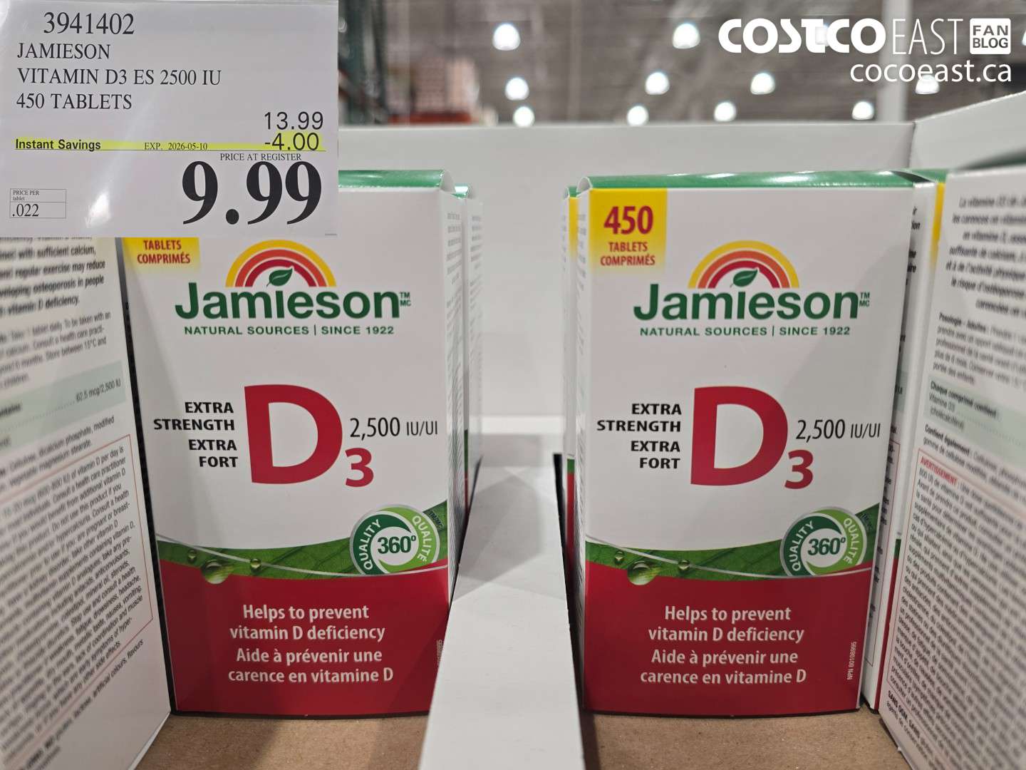 3941402 JAMIESON VITAMIN D3 ES 2500 IU 450 TABLETS ($4.00 INSTANT SAVINGS EXPIRES ON 2026-05-10) $9.99