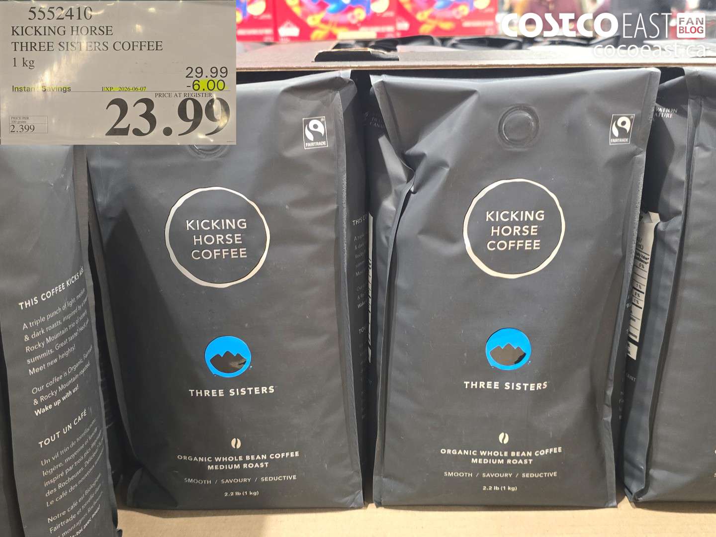 5552410 KICKING HORSE THREE SISTERS COFFEE 1 KG ($6.00 INSTANT SAVINGS EXPIRES ON 2026-06-07) $23.99