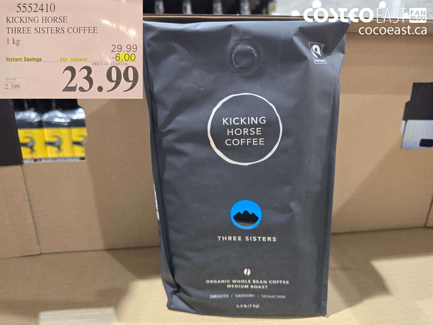 5552410 KICKING HORSE THREE SISTERS COFFEE 1 KG ($6.00 INSTANT SAVINGS EXPIRES ON 2026-06-07) $23.99