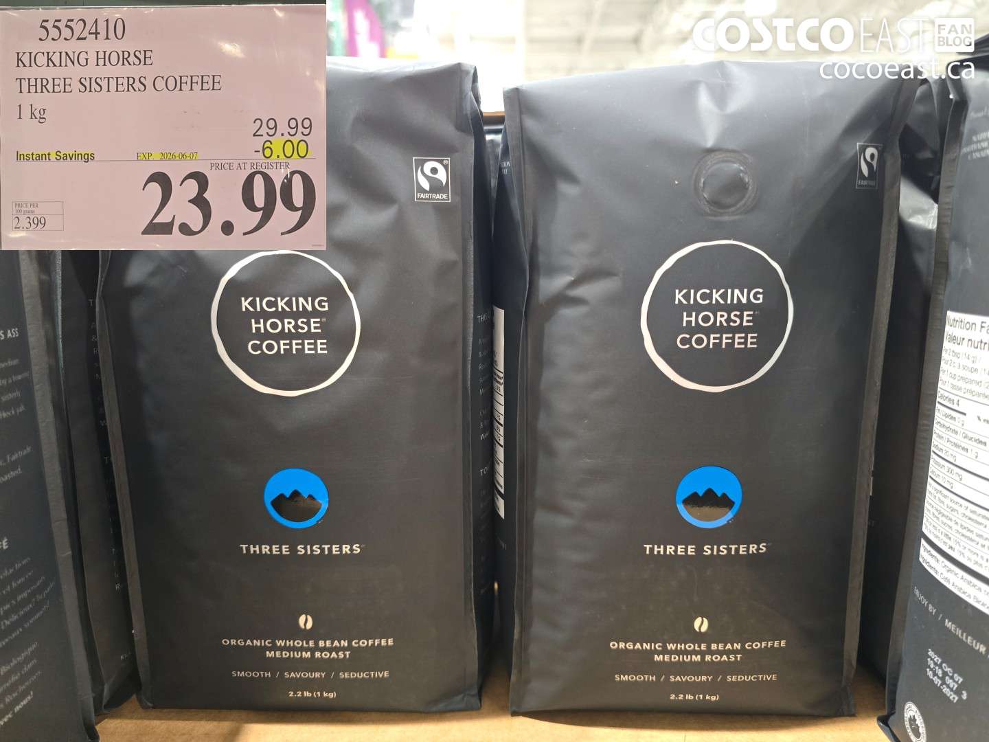 5552410 KICKING HORSE THREE SISTERS COFFEE 1 KG ($6.00 INSTANT SAVINGS EXPIRES ON 2026-06-07) $23.99