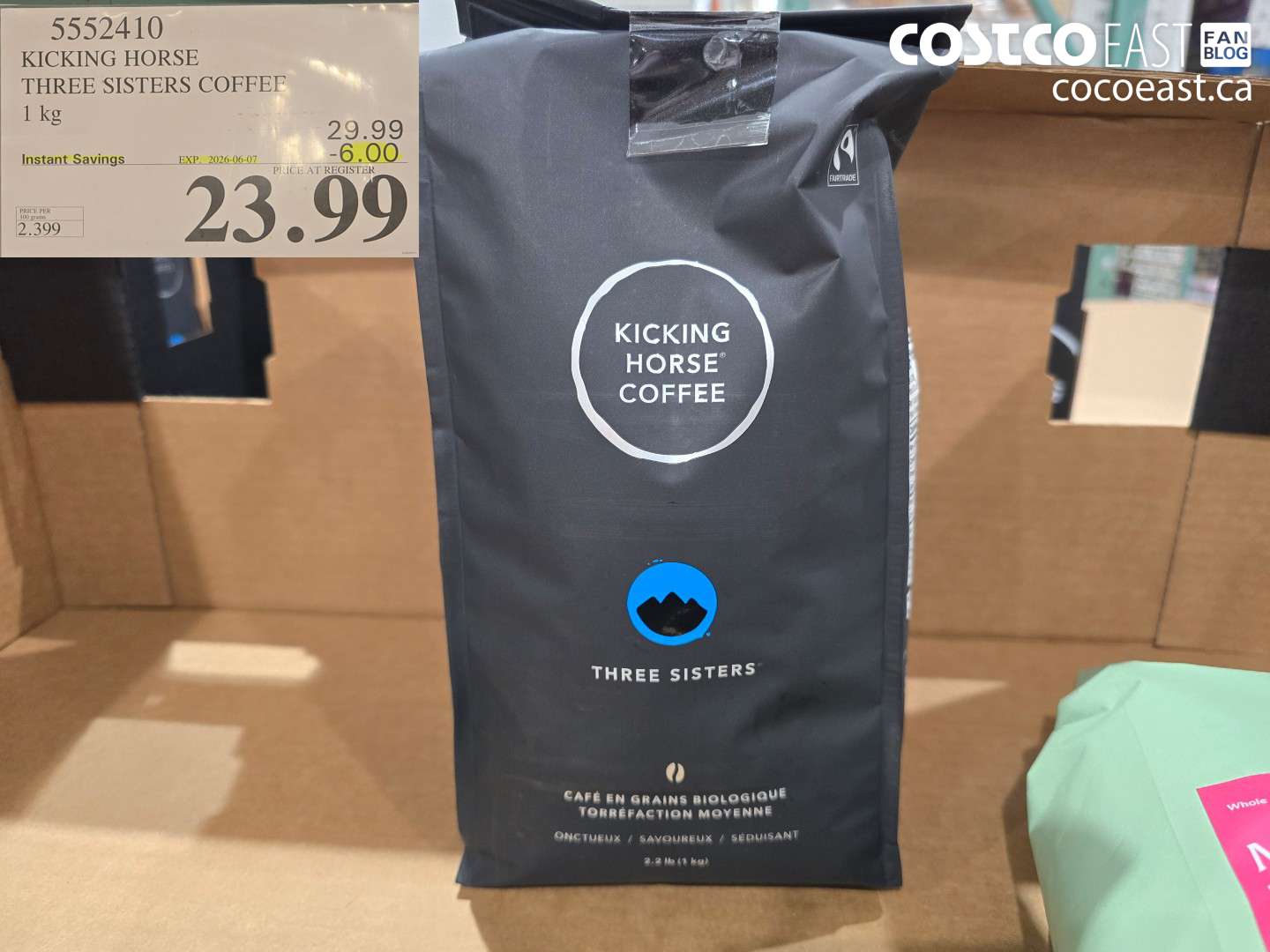 5552410 KICKING HORSE THREE SISTERS COFFEE 1 KG ($6.00 INSTANT SAVINGS EXPIRES ON 2026-06-07) $23.99