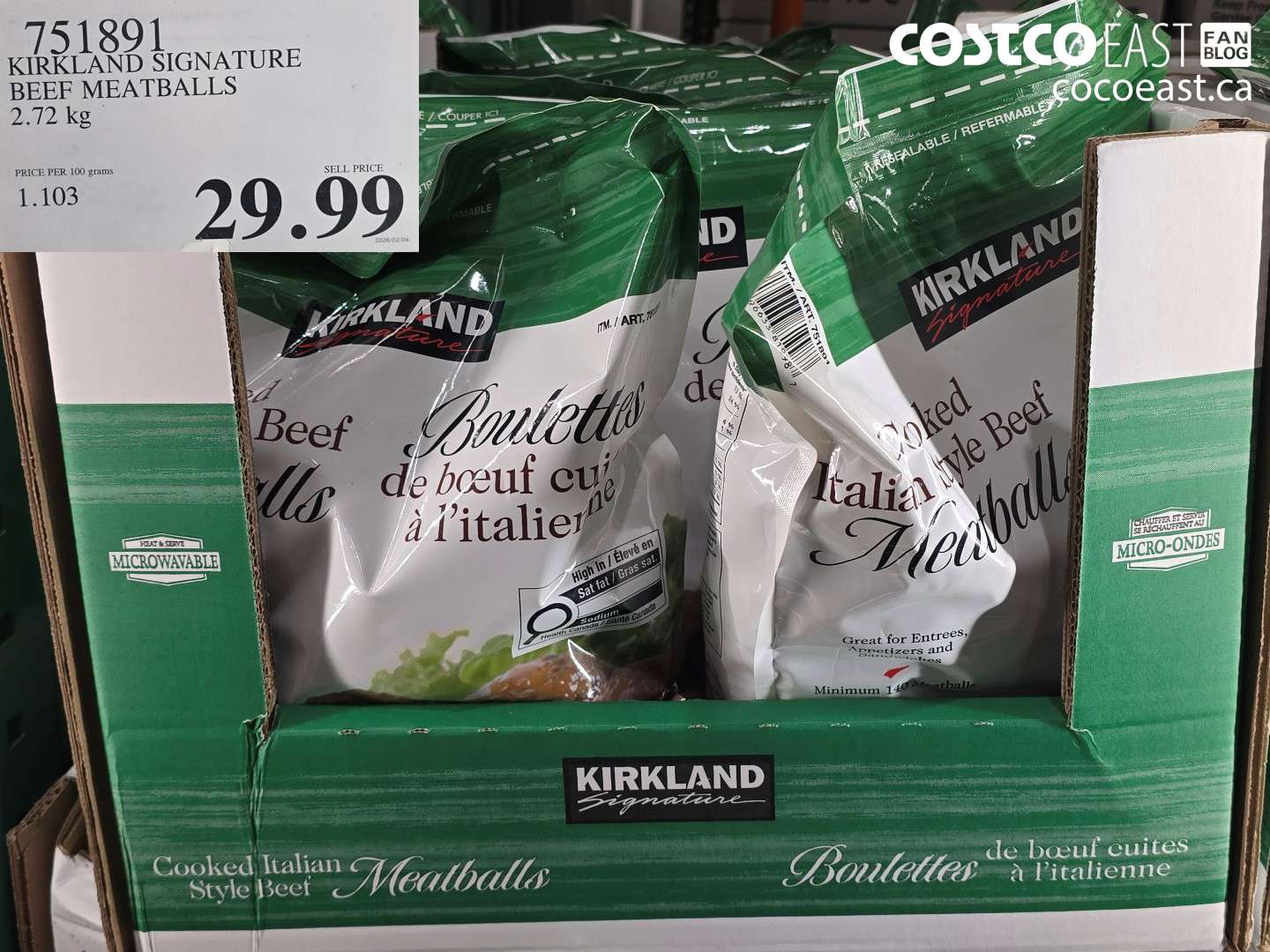 751891 KIRKLAND SIGNATURE BEEF MEATBALLS 2.72 KG $29.99