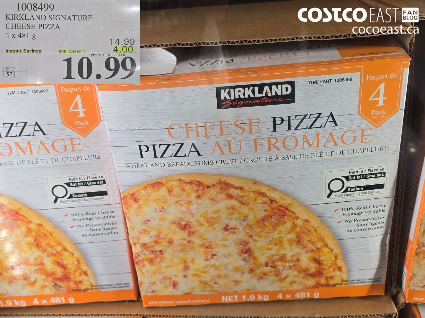 1008499 KIRKLAND SIGNATURE CHEESE PIZZA 4 X 481 G ($4.00 INSTANT SAVINGS EXPIRES ON 2026-05-17) $10.99