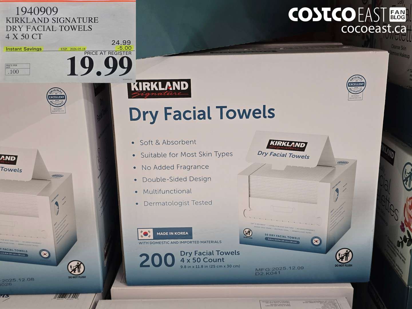 1940909 KIRKLAND SIGNATURE DRY FACIAL TOWELS 4 X 50 CT ($5.00 INSTANT SAVINGS EXPIRES ON 2026-05-18) $19.99