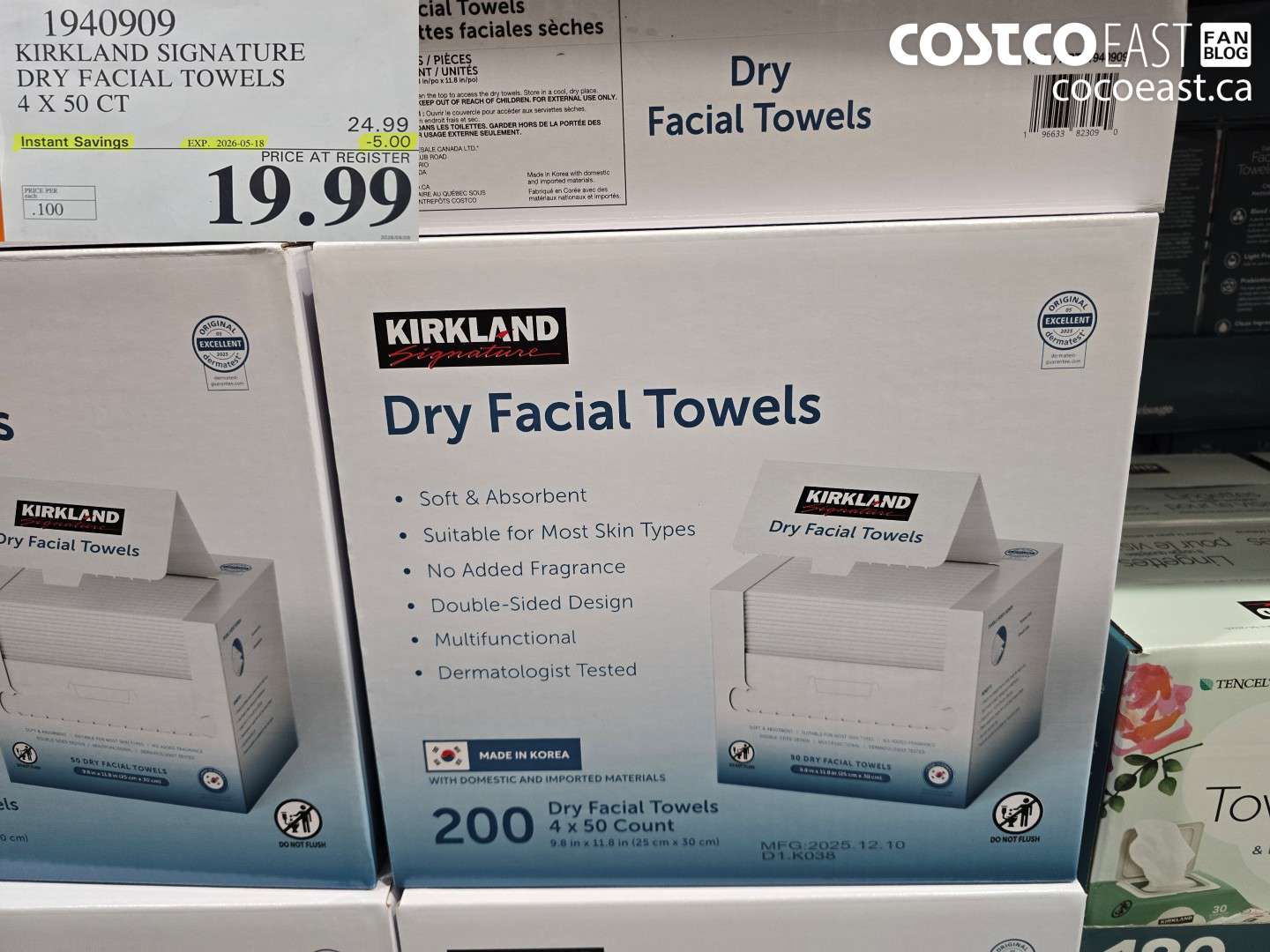 1940909 KIRKLAND SIGNATURE DRY FACIAL TOWELS 4 X 50 CT ($5.00 INSTANT SAVINGS EXPIRES ON 2026-05-18) $19.99