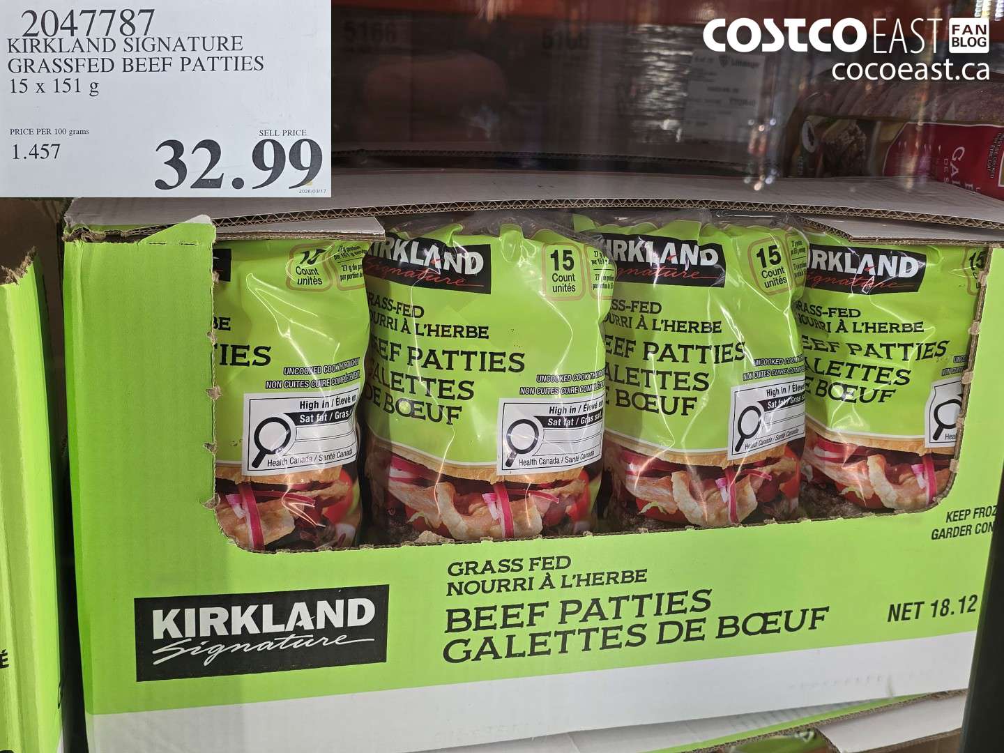 2047787 KIRKLAND SIGNATURE GRASSFED BEEF PATTIES 15 X 151 G $32.99