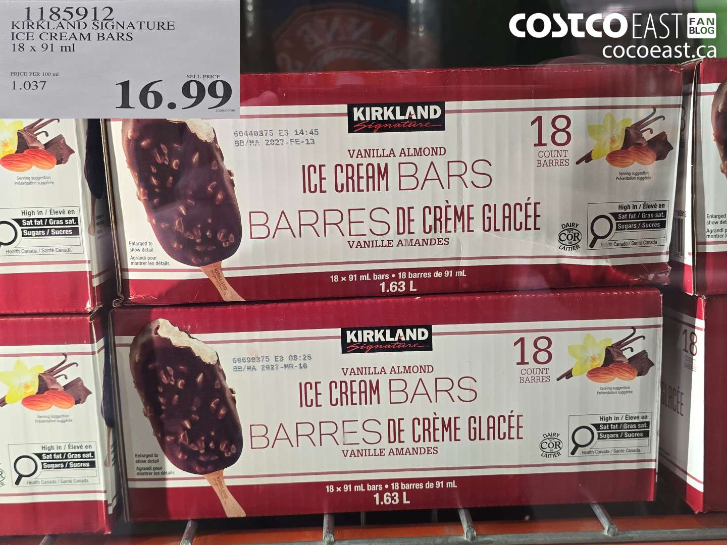 1185912 KIRKLAND SIGNATURE ICE CREAM BARS 18 X 91 ML $16.99
