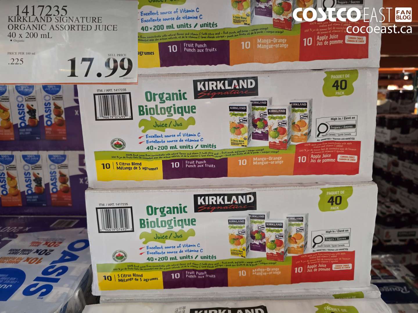 1417235 KIRKLAND SIGNATURE ORGANIC ASSORTED JUICE 40 X 200 ML $17.99